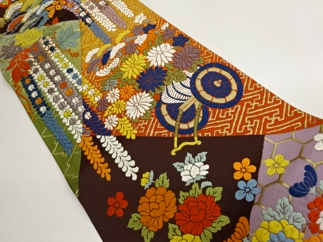 JAPANESE FUKURO OBI / KARA-ORI / WOVEN FLORAL CART